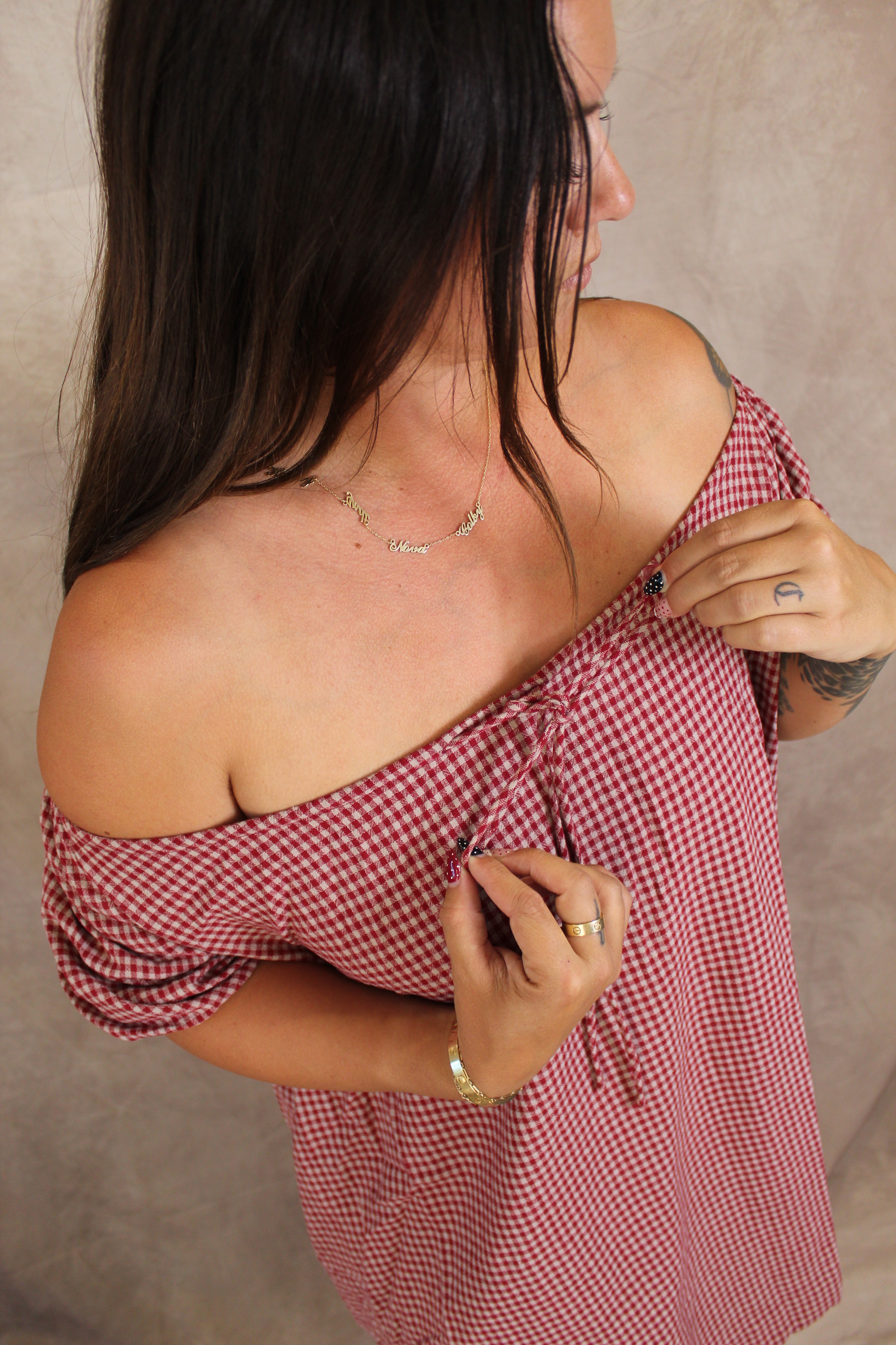 Gingham Puff Sleeve Drawstring Neck Dress