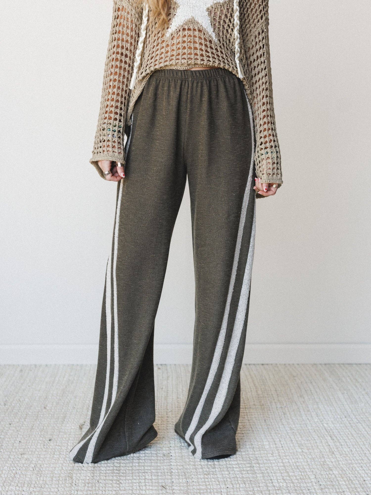 Racing Stripe Wide Leg Pants - Olive