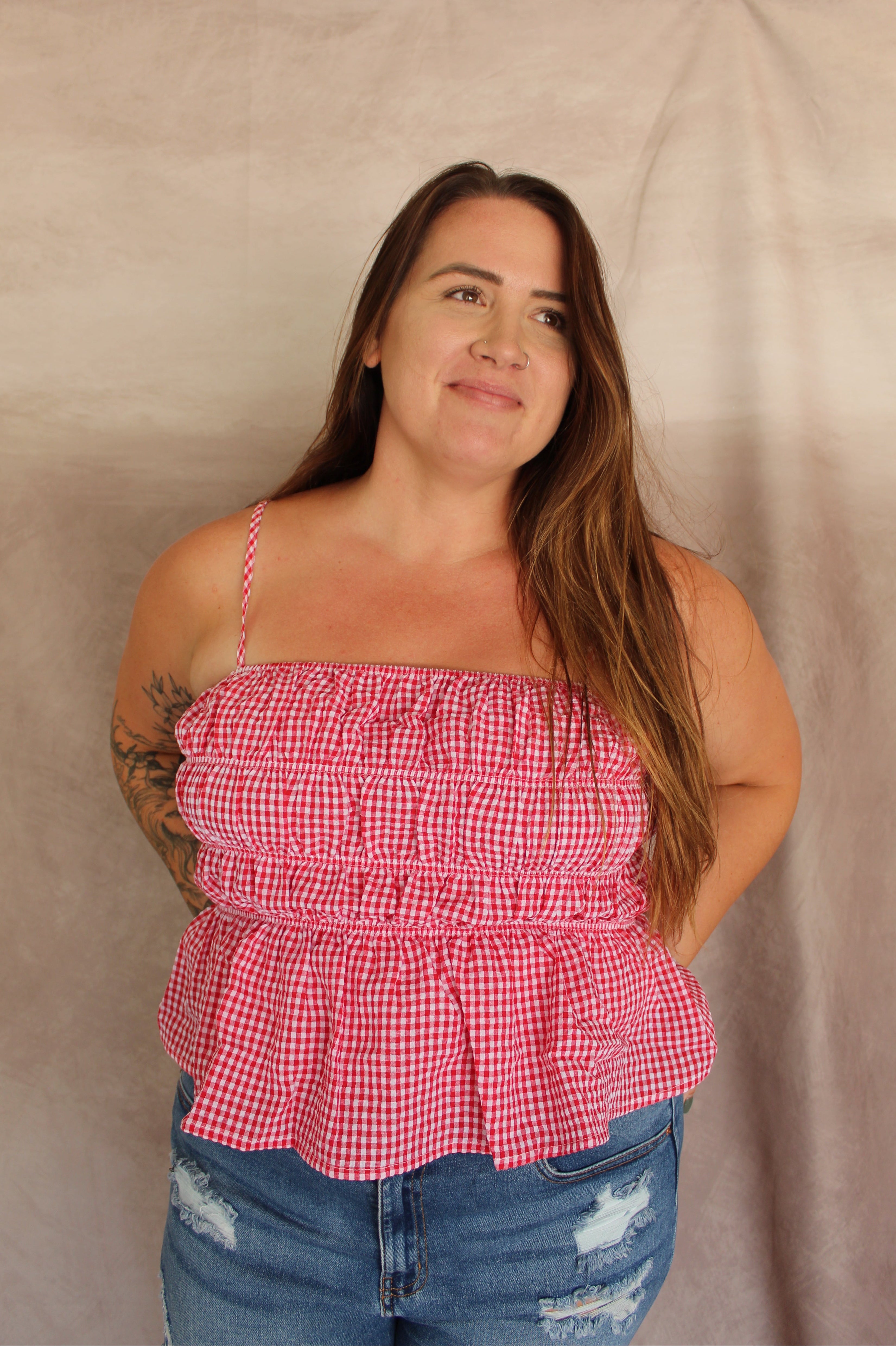 PLUS SIZE GINGHAM SMOCKED BODICE PEPLUM TANK TOP