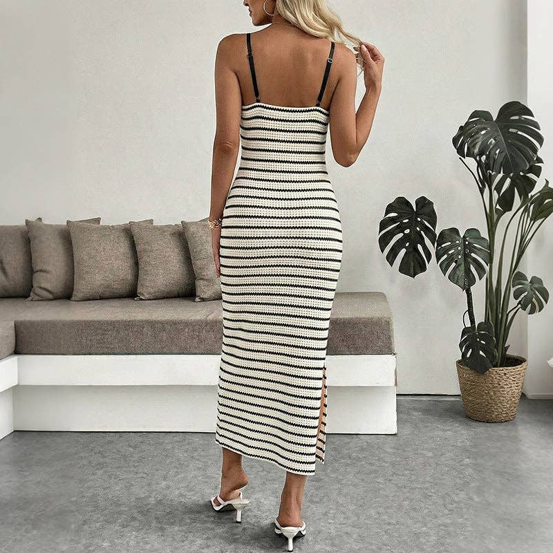 Striped Knit Twist Front Midi Dress