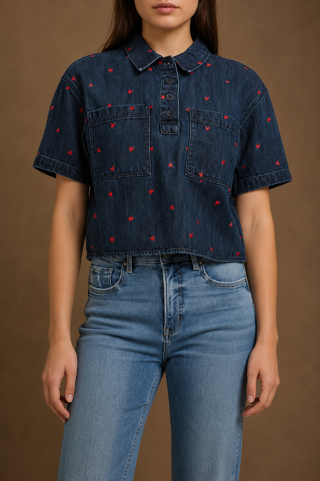 RISEN Cropped Short Sleeve with Heart Embroidery