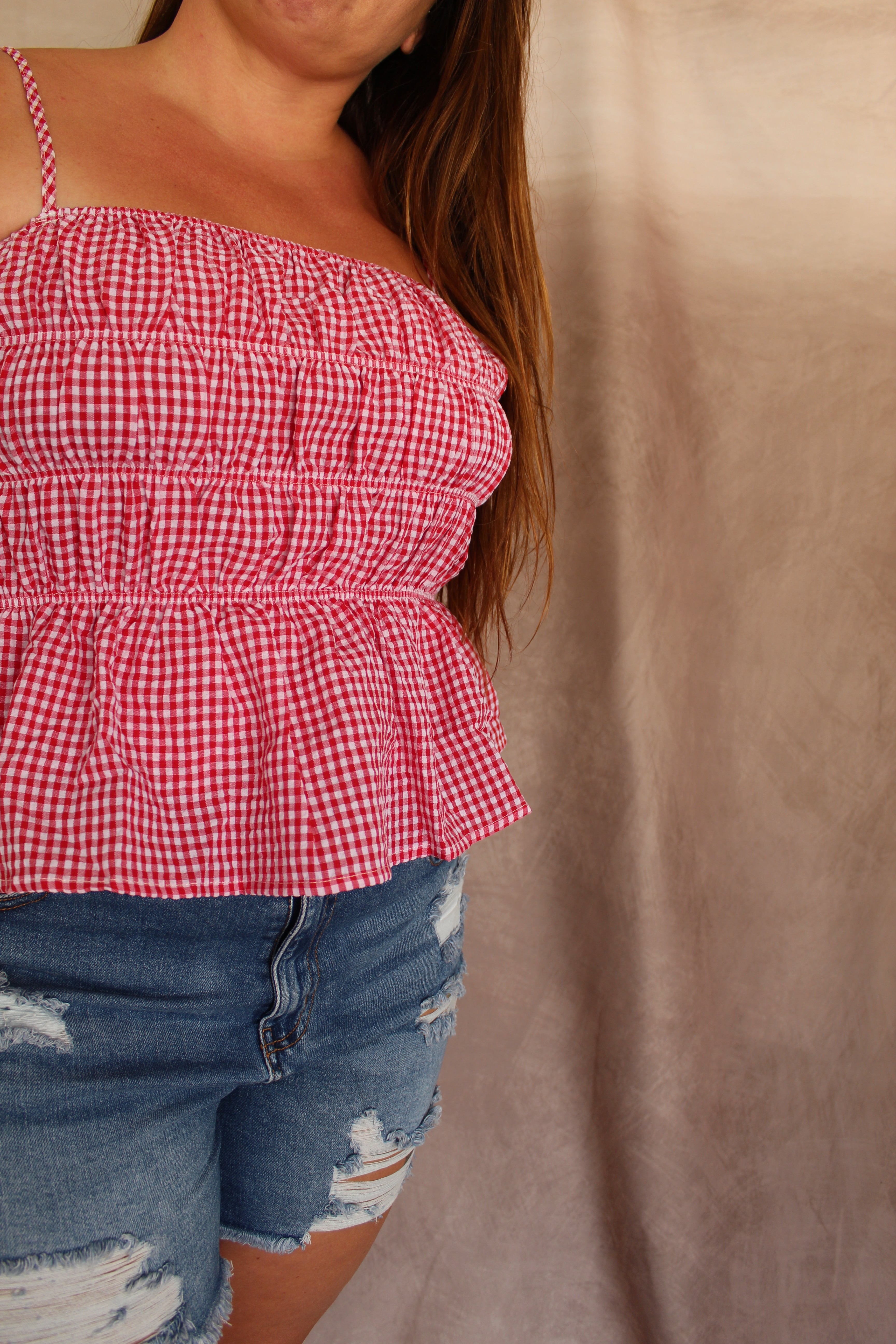 PLUS SIZE GINGHAM SMOCKED BODICE PEPLUM TANK TOP