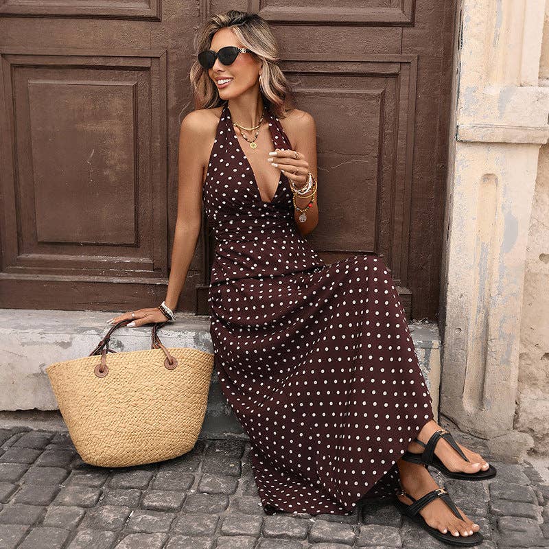 Coffee Polka Dot Halter Maxi Dress