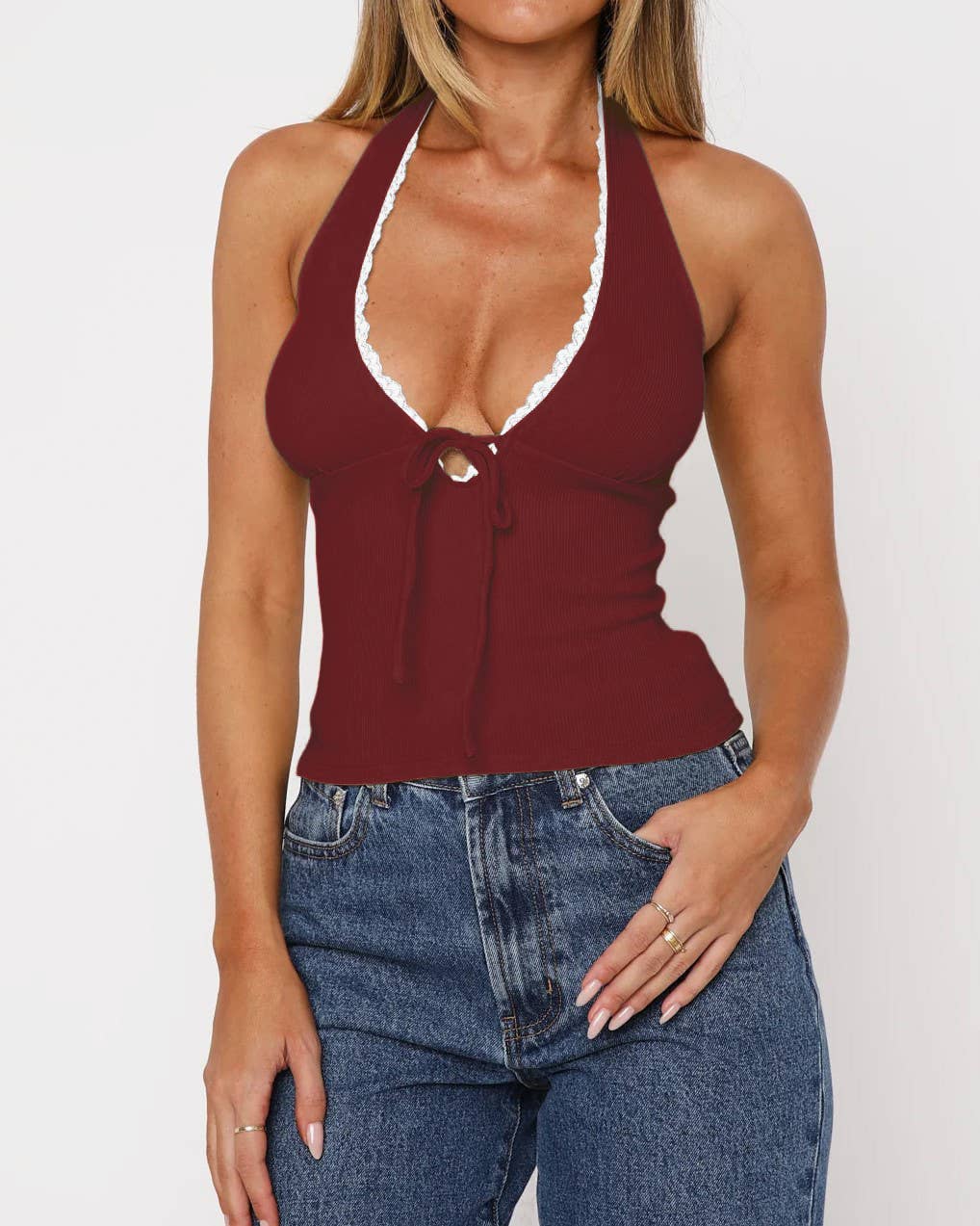 Lace-Up Bow Halterneck Lace Trim Top
