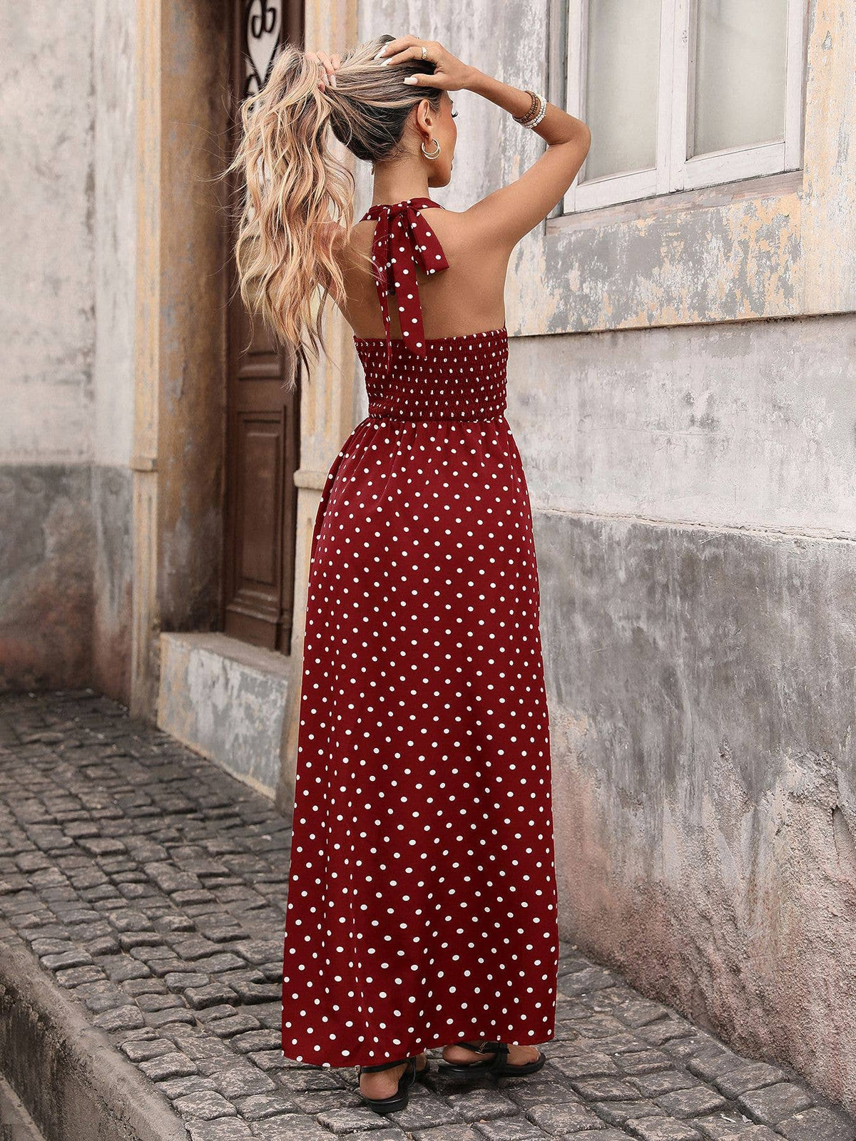 Burgundy Polka Dot Halter Maxi Dress