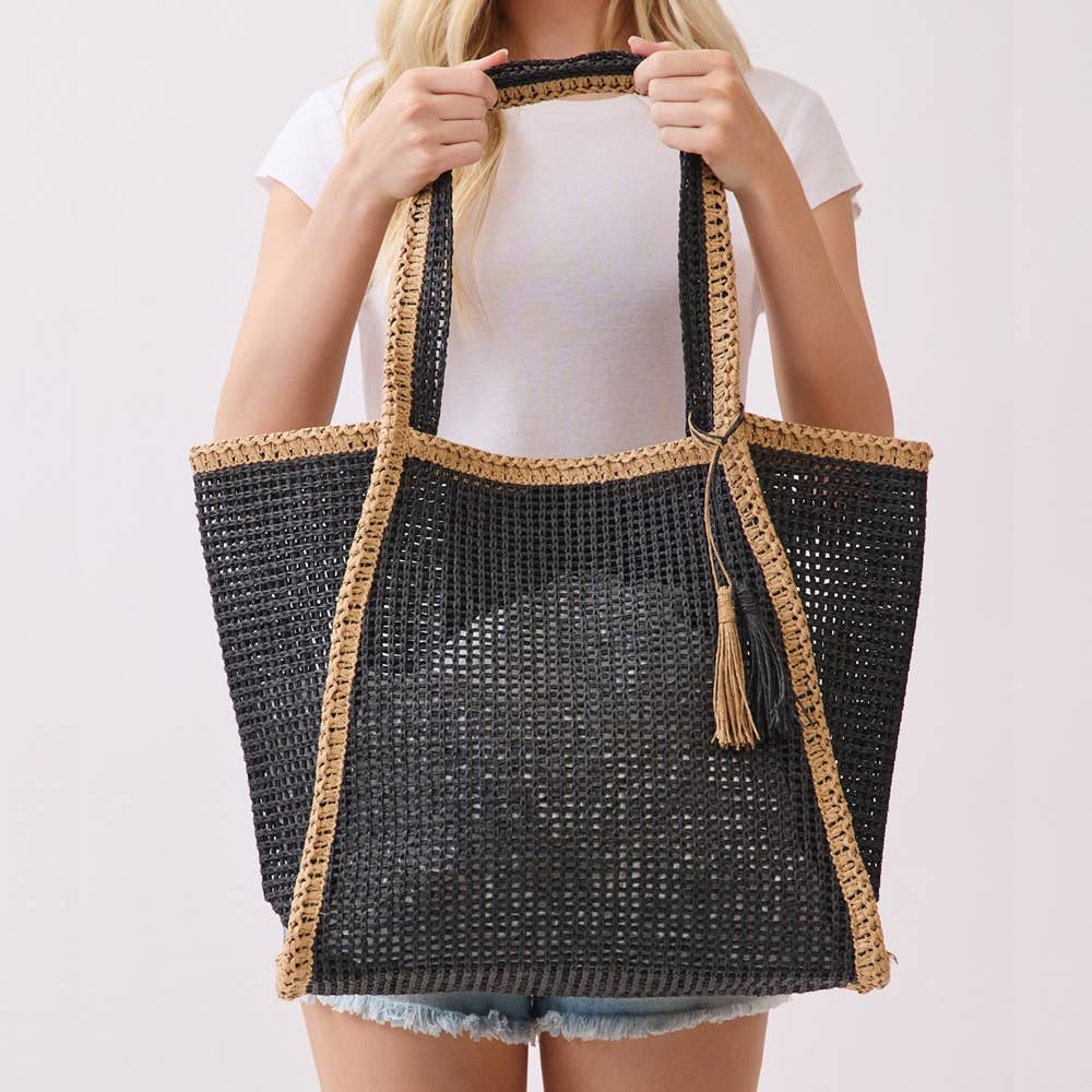 Two Tone Woven Straw Tote Bag