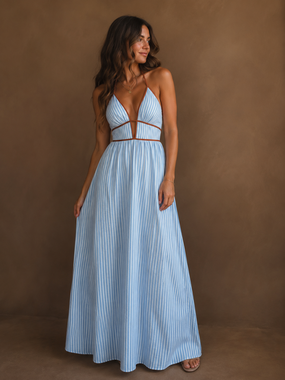 Striped Halter Backless Maxi Dress