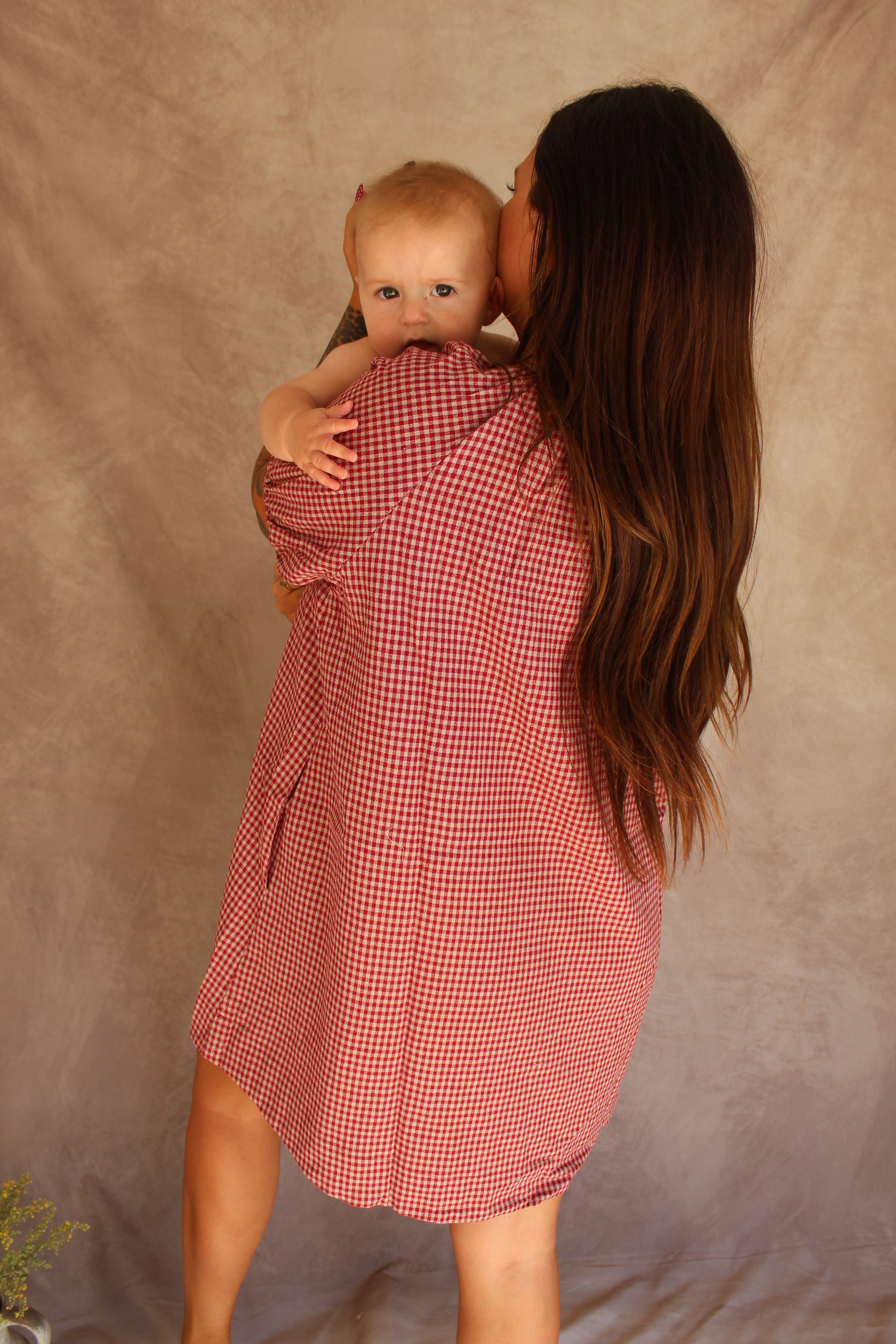 Gingham Puff Sleeve Drawstring Neck Dress