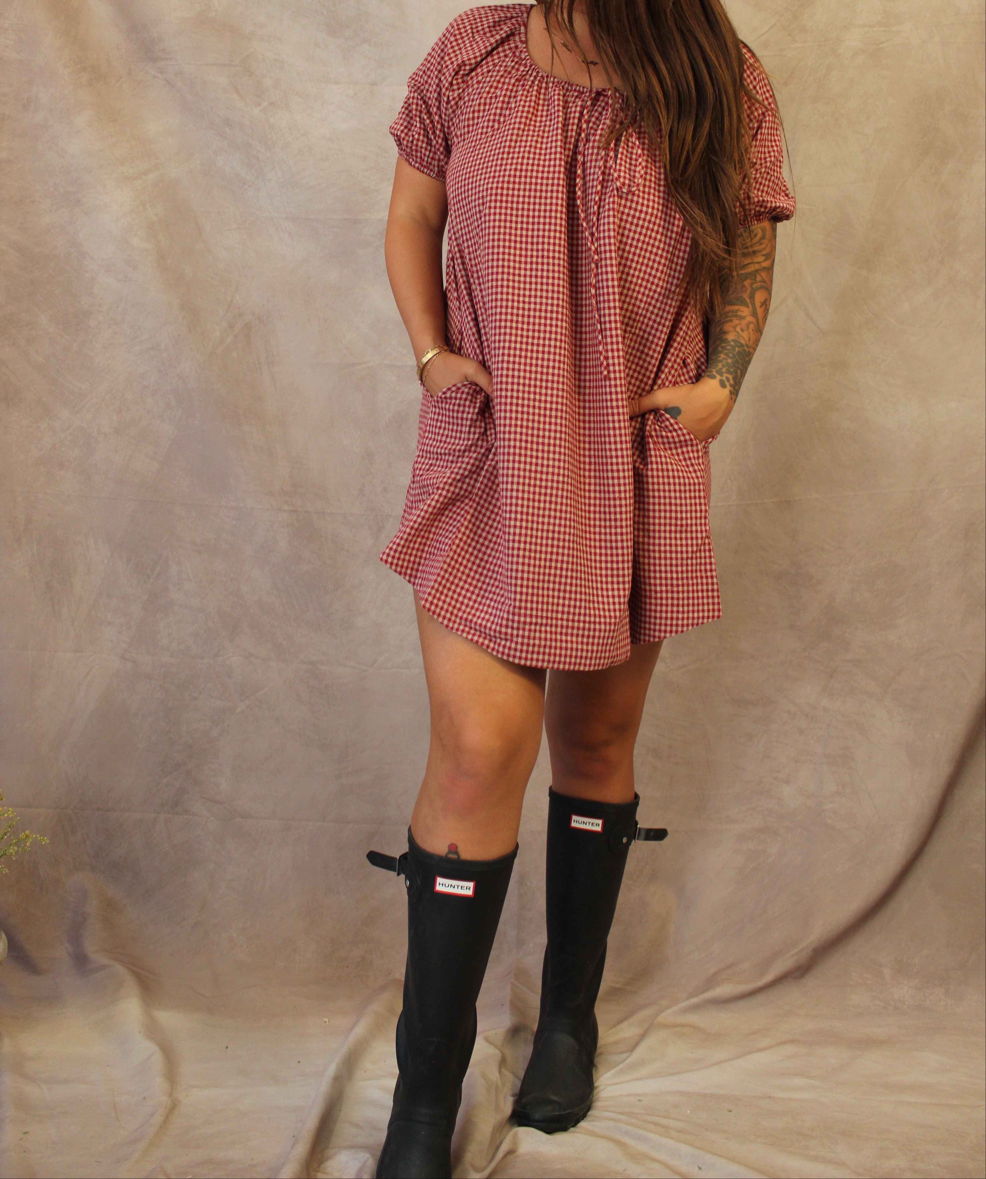 Gingham Puff Sleeve Drawstring Neck Dress