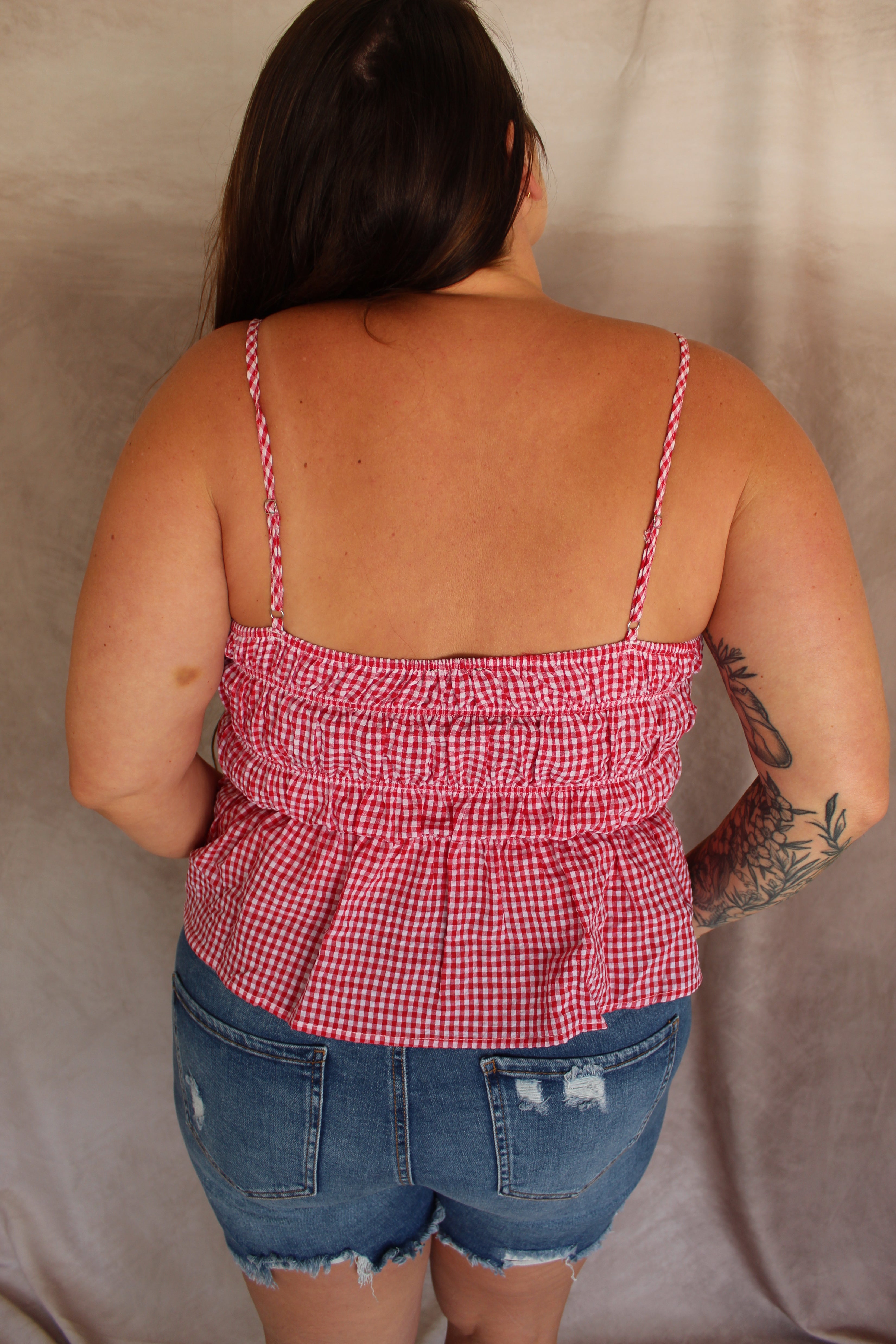 PLUS SIZE GINGHAM SMOCKED BODICE PEPLUM TANK TOP