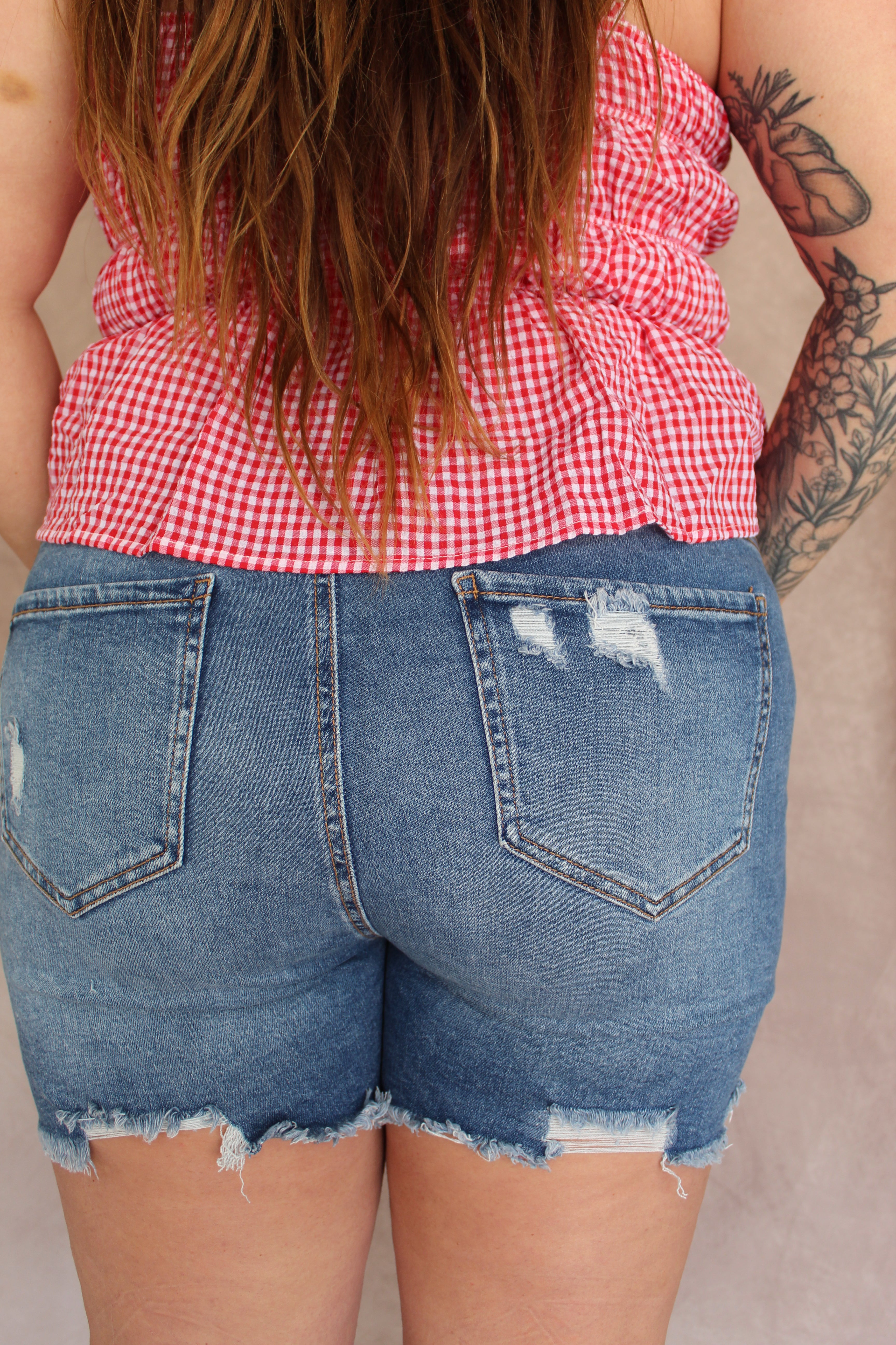 PLUS SIZE DISTRESSED DENIM MOM SHORTS