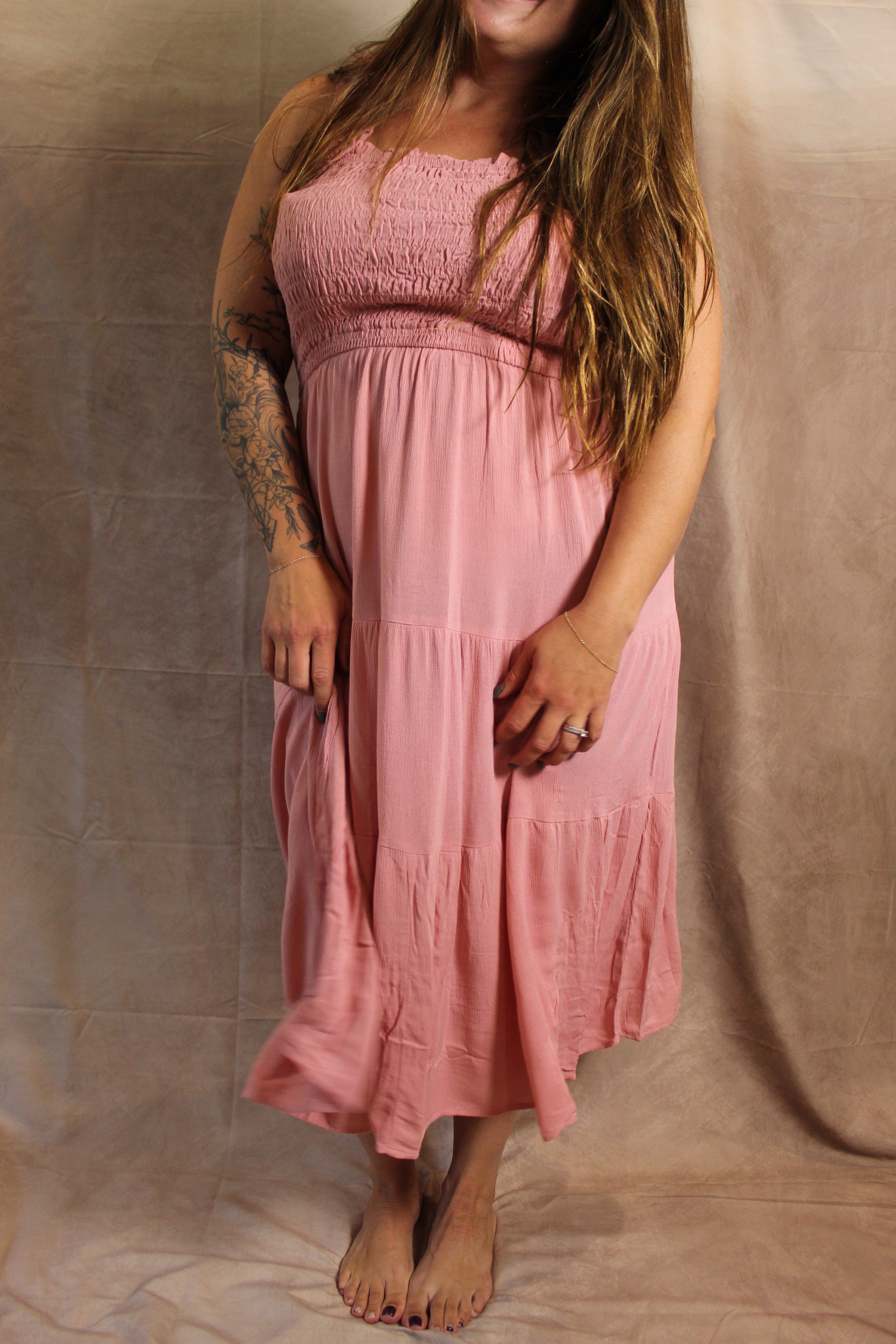 PLUS SIZE SQUARE NECK SMOCKED BODICE RUFFLE STRAP TIERED MID