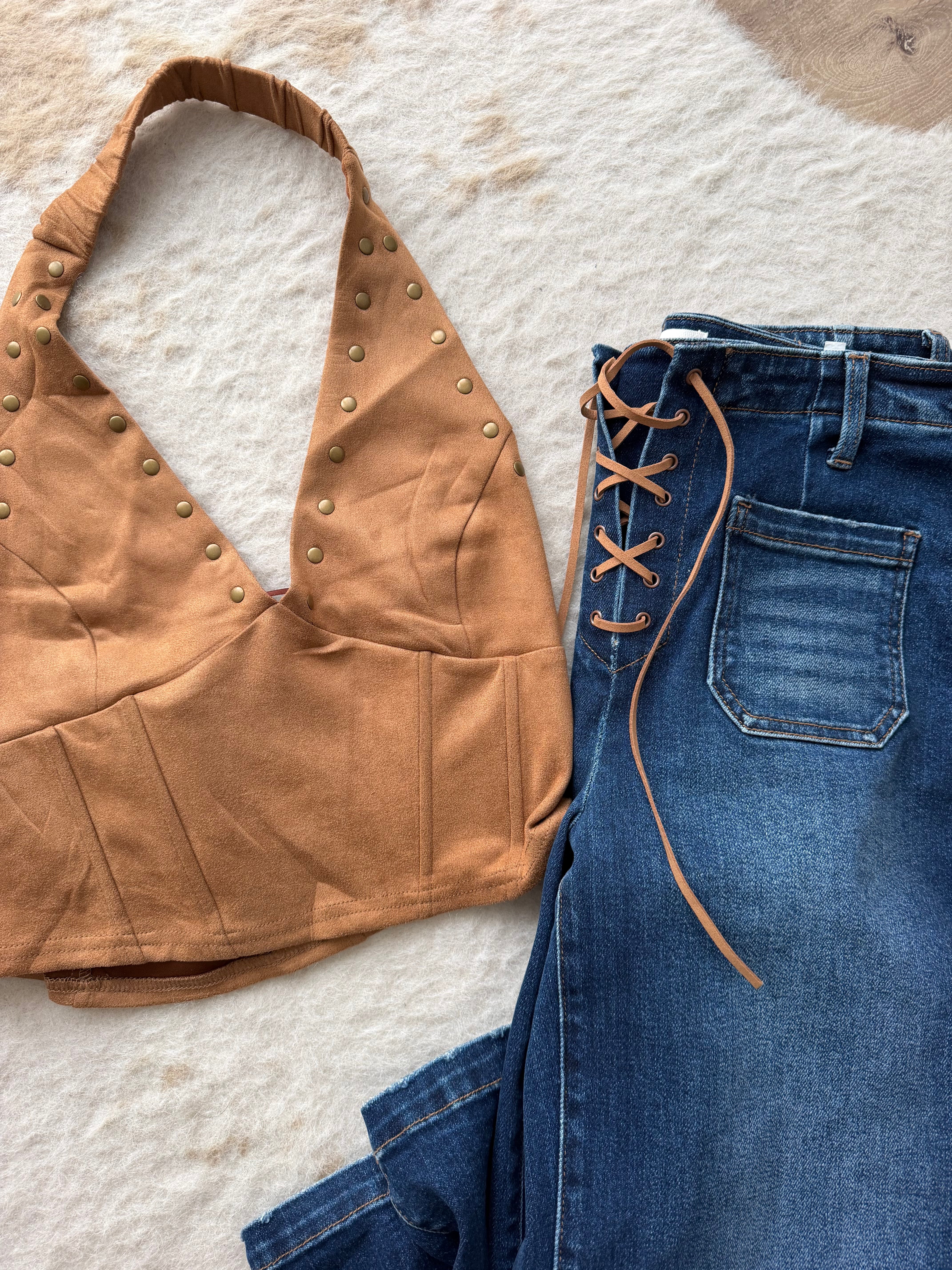 Suede Studded Halter Corset Top