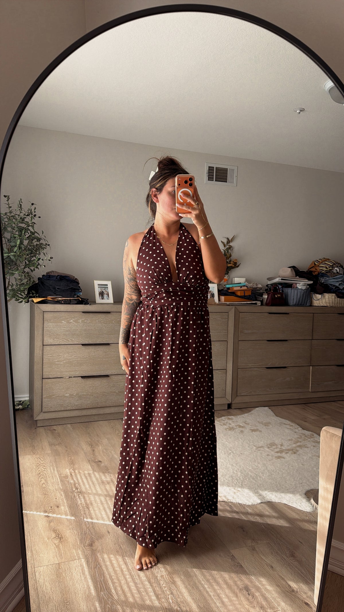 Coffee Polka Dot Halter Maxi Dress