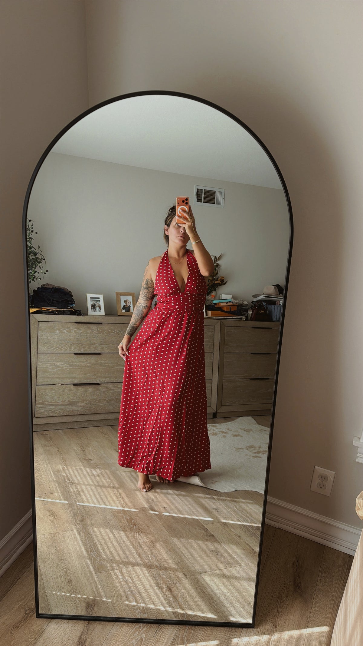 Burgundy Polka Dot Halter Maxi Dress