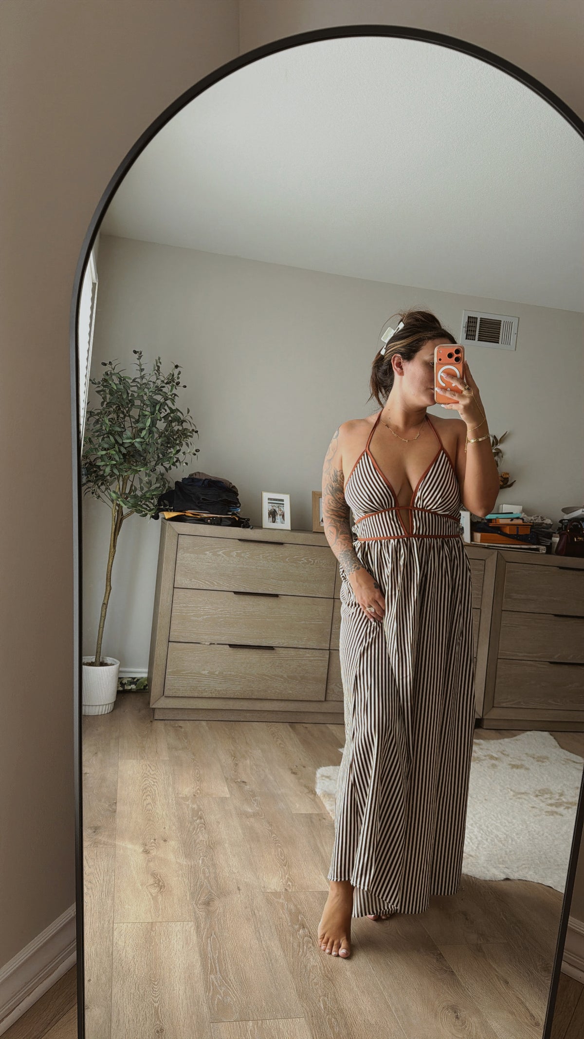 Coffee Striped Halter Backless Maxi Dress
