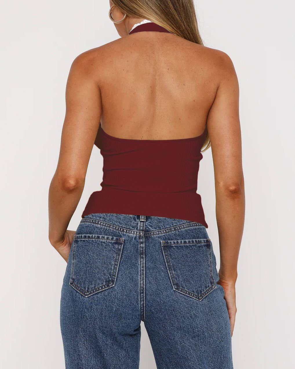 Lace-Up Bow Halterneck Lace Trim Top
