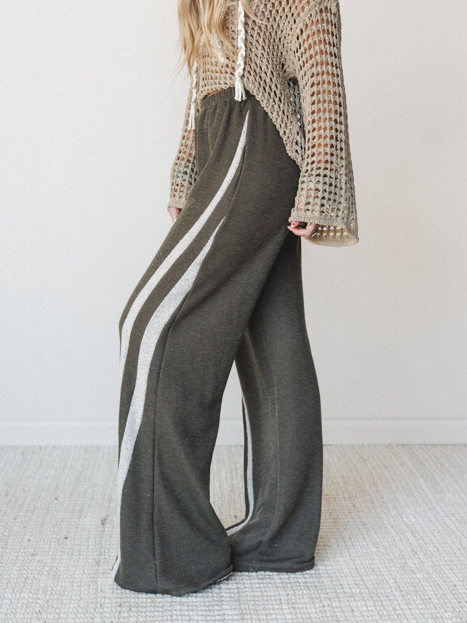 Racing Stripe Wide Leg Pants - Olive