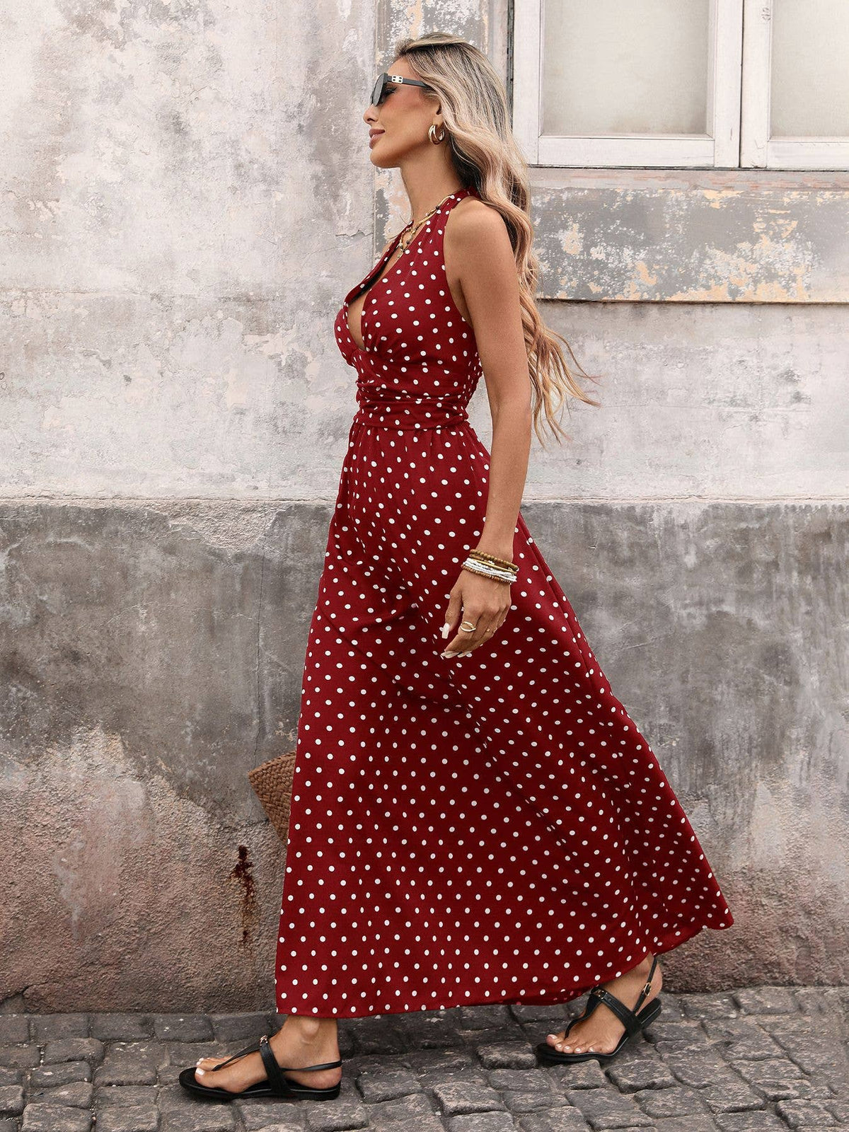 Burgundy Polka Dot Halter Maxi Dress