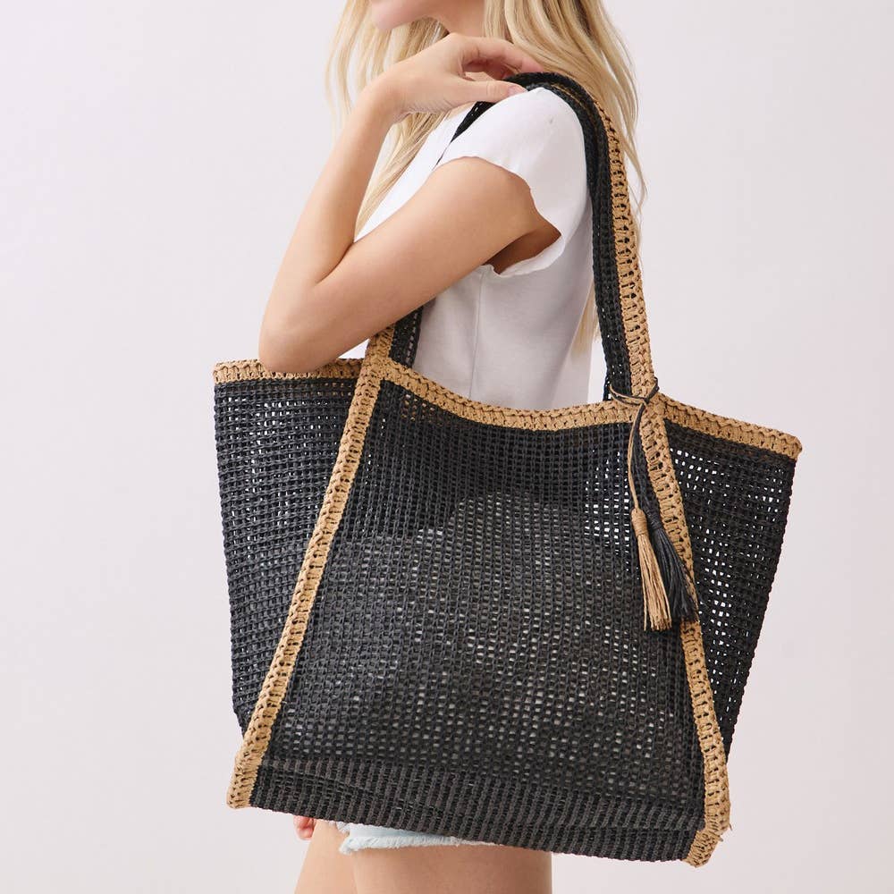 Two Tone Woven Straw Tote Bag