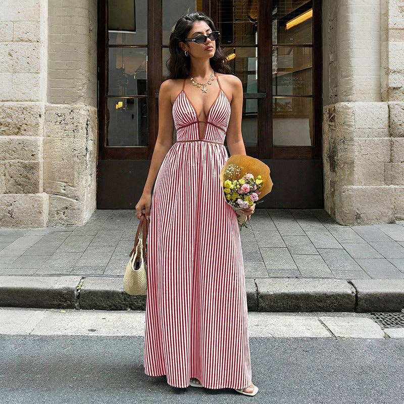 Striped Halter Backless Maxi Dress