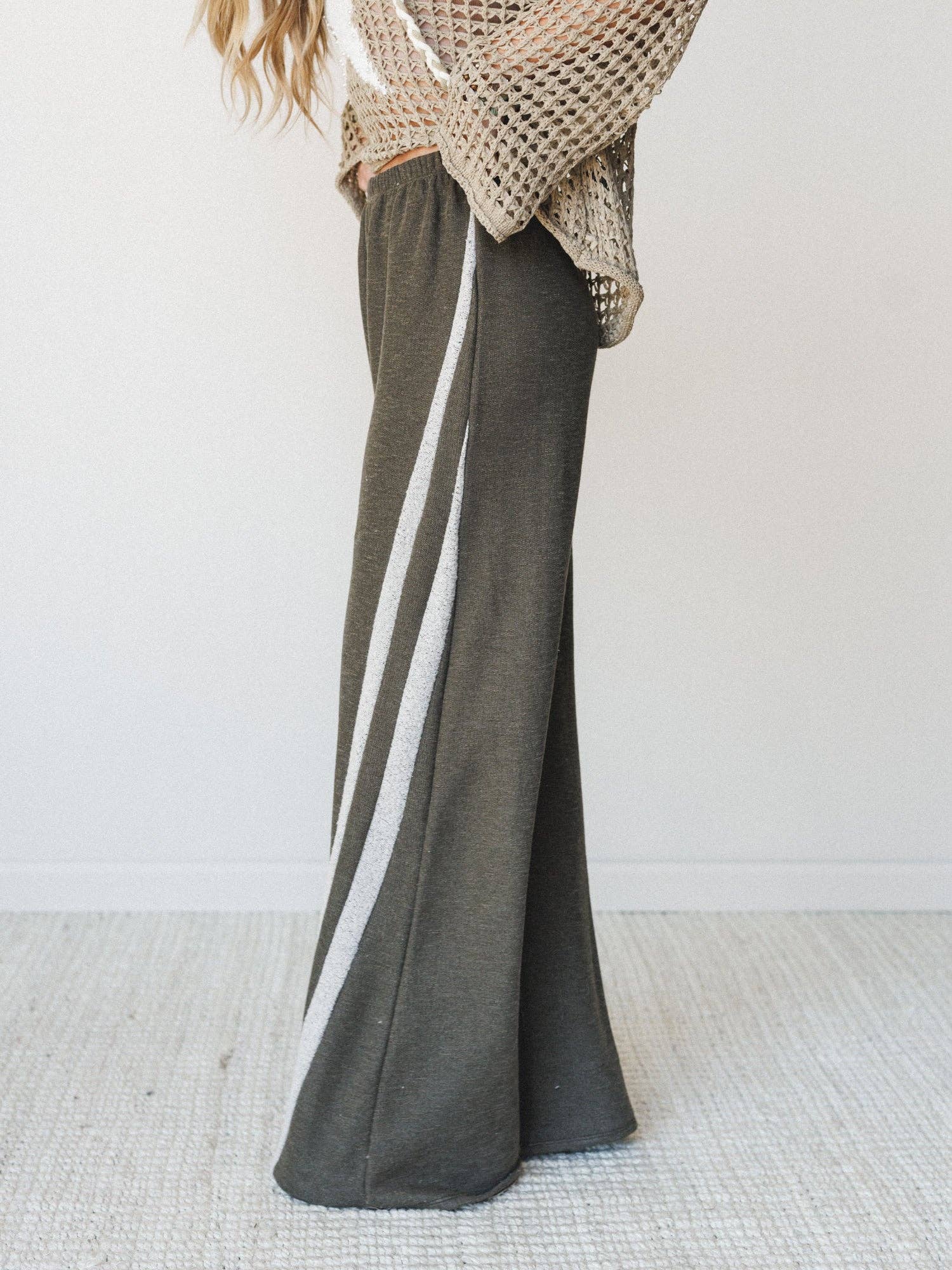 Racing Stripe Wide Leg Pants - Olive