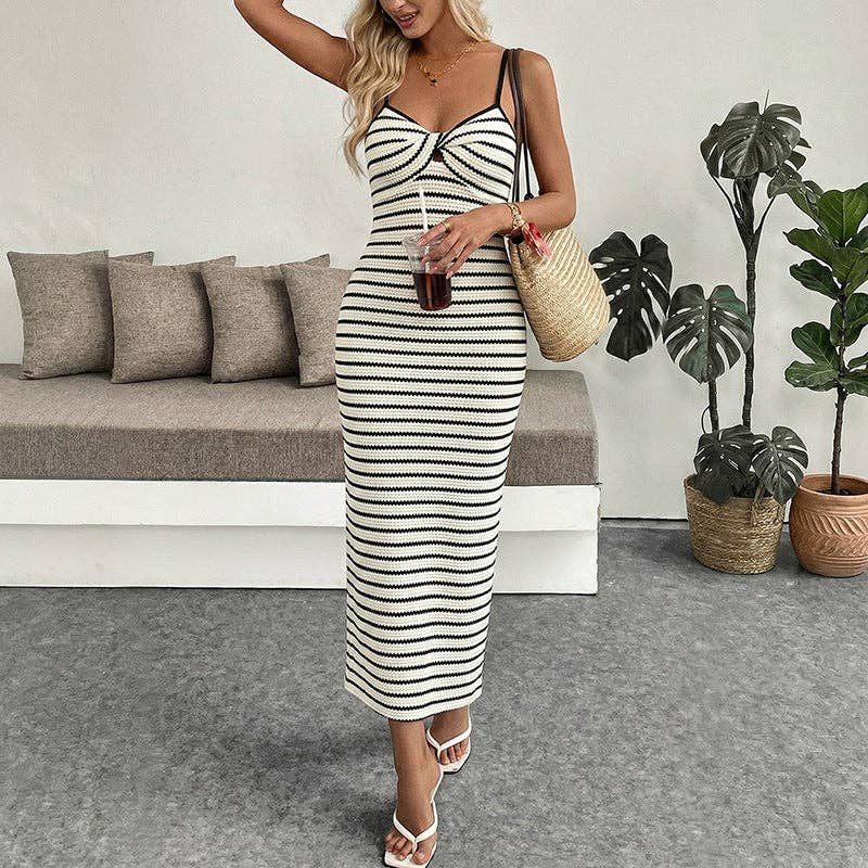 Striped Knit Twist Front Midi Dress